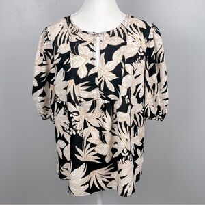 Nicole Miller New York linen blend tropical print blouse top, size large.
